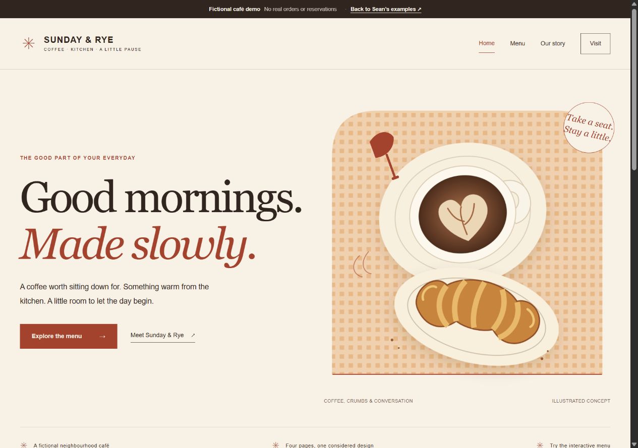 Sunday and Rye café website in warm terracotta, with a coffee and croissant illustration